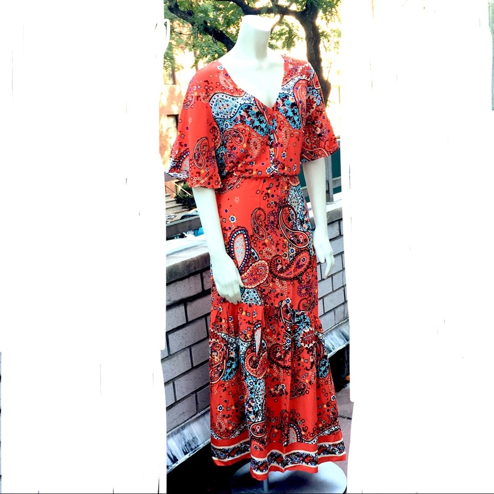 Red Print Maxi Dress Flutter Sleeve Easy Fit Large